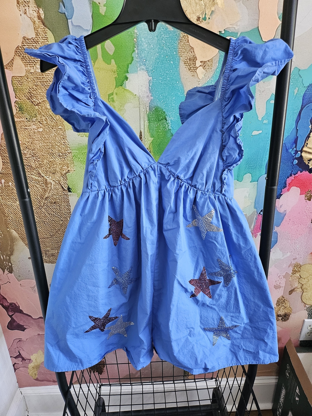 Peach Love California Blue Ruffle Star Embellished Romper